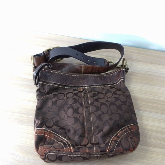 Coach Crossbody Bag Brown Leather Purse Canvas Monogram Classic Japan - Picture 1 of 16